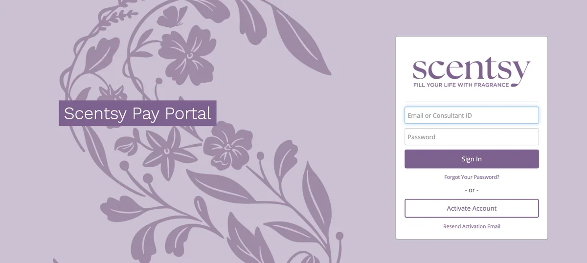 Scentsy Pay Portal sign-in page with email or Consultant ID field, password field, Sign In and Activate Account buttons