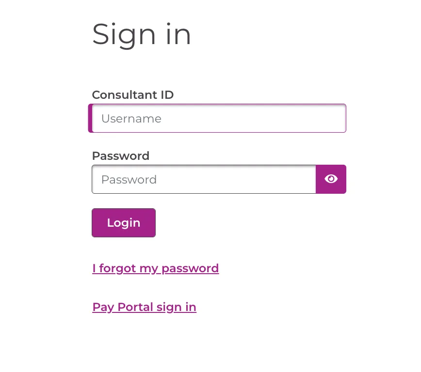 Scentsy Workstation login form showing the Consultant ID box, password box, Login button and forgot-password link