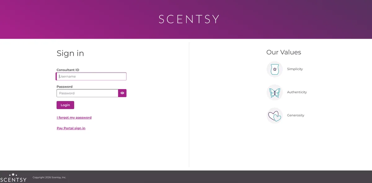 Official Scentsy Workstation sign-in page at workstation.scentsy.com with Consultant ID and password fields